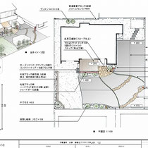 提案資料、敷地内で自動車が旋回出来る程のコンクリート舗装が必要でした。味気なくならないよう植栽や石材などで彩りを作ります。