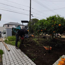 重機と人力で、既存の芝生をすきとり処分します。