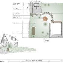 提案資料、お庭のほとんどは芝生。駐車場には支給品のコストコ物置を設置します。