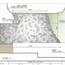 提案図、広大なお庭をどのような舗装で仕上げるかが最初の悩みどころでした。今回は黒いアンティークレンガを使用。