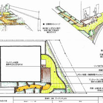 花壇と芝を区切る提案、道路からの小路を作ることで庭に人を誘うプランをしました。