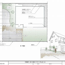 提案資料。駐車場2台分と自転車置場を確保し、土留めブロック等を排除したエクステリア。