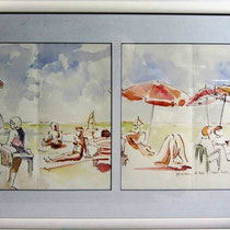 * *668-1  Sur la plage du Lido,47 x 76, encadré  , Arches lisse 250gr