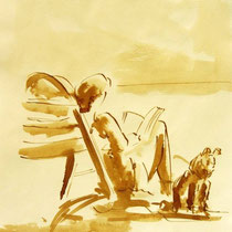 * 711- Dessin lavis réalisé autour du lac de Gérardmer en situation, à la teinture merisier ,sur papier Lana 140 gr