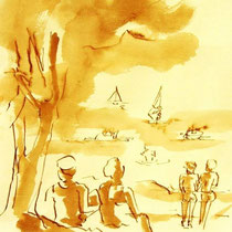 * 698- Dessin lavis réalisé autour du lac de Gérardmer en situation, à la teinture merisier ,sur papier Lana 140 gr