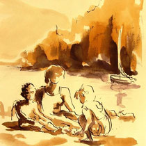 * 705- Dessin lavis réalisé autour du lac de Gérardmer en situation, à la teinture merisier ,sur papier Lana 140 gr