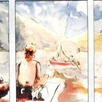  668- Sur la plage du Lido,47 x 76, encadré  , Arches lisse 250gr