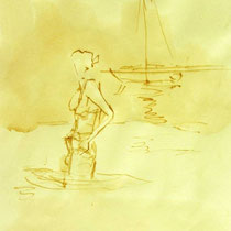 * 690- Dessin lavis réalisé autour du lac de Gérardmer en situation, à la teinture merisier ,sur papier Lana 140 gr