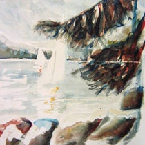 728- Le lac de Gérardmer, aquarelle 50 x 70