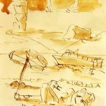 * 703- Dessin lavis réalisé autour du lac de Gérardmer en situation, à la teinture merisier ,sur papier Lana 140 gr