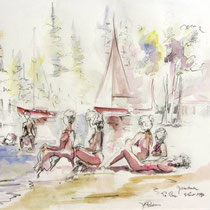 *674- Le lido ,dessin aquarellé, 30 x 40 , Arches lisse 250gr