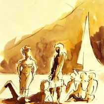 * 706- Dessin lavis réalisé autour du lac de Gérardmer en situation, à la teinture merisier ,sur papier Lana 140 gr