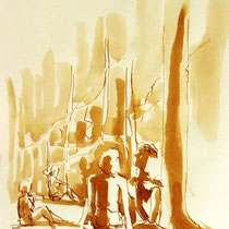 * 694- Dessin lavis réalisé autour du lac de Gérardmer en situation, à la teinture merisier ,sur papier Lana 140 gr
