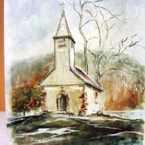 736- La chapelle du lac de Longemer, aquarelle 50 x 70 