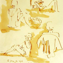 * 689- Dessin lavis réalisé autour du lac de Gérardmer en situation, à la teinture merisier ,sur papier Lana 140 gr