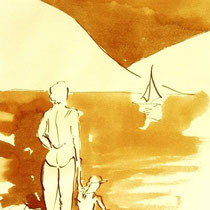 * 699- Dessin lavis réalisé autour du lac de Gérardmer en situation, à la teinture merisier ,sur papier Lana 140 gr