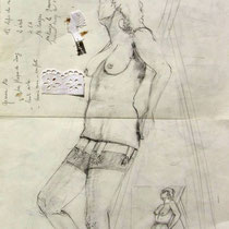 Le dessin original au crayon de papier, d'après modèle vivant auquel j'ai ajouté du " Jean-Paul Gautier " !       " 