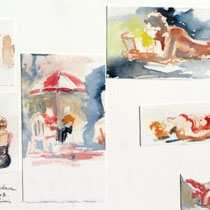 * 672 Montage d'aquarelles de personnages au Lido...30 x 40 , Arches 350gr