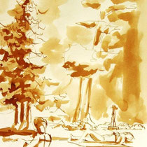 * 696- Dessin lavis réalisé autour du lac de Gérardmer en situation, à la teinture merisier ,sur papier Lana 140 gr