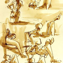 * 697- Dessin lavis réalisé autour du lac de Gérardmer en situation, à la teinture merisier ,sur papier Lana 140 gr