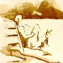 * 712- Dessin lavis réalisé autour du lac de Gérardmer en situation, à la teinture merisier ,sur papier Lana 140 gr