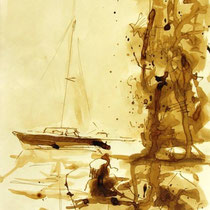 * 719- Dessin lavis réalisé autour du lac de Gérardmer en situation, à la teinture merisier ,sur papier Lana 140 gr