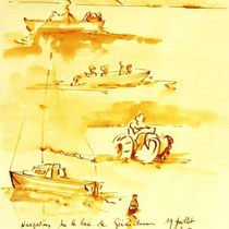 * 688- Dessin lavis réalisé autour du lac de Gérardmer en situation, à la teinture merisier ,sur papier Lana 140 gr