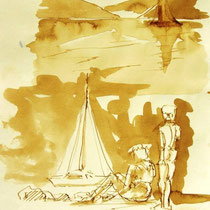 * 708- Dessin lavis réalisé autour du lac de Gérardmer en situation, à la teinture merisier ,sur papier Lana 140 gr