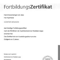 Zertifikat "Fortbildungszertifikat Apothekerkamer Westfalen-Lippe "  | Cronen Apotheke Coesfeld
