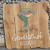 XL-Holzschilder - Direktdruck auf Holzlatten für den Gemüsehof Voggeneder im Machland