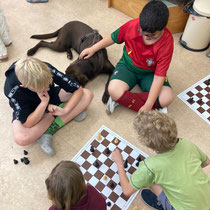 Kinder spielen während des Unterrichts Schach und Jacky liegt daneben.