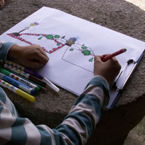 Atelier Parc Jane Limousin à Châteauneuf-la-Forêt : dessin de la partie jardin à la française à compléter pour reconstitution après lecture archéologique (puisqu'il n'en reste que des vestiges)