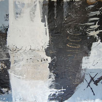 Kay Pasero, Matter & Soul II, crilico, sabbia, bitume su lino grezzo, 200x140 cm