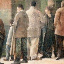 Angela Keller, Gente di Cossano, 2003, strato di gesso e cenere, olio su iuta, 124x95 cm