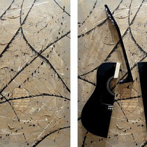 Fabrizio Trotta, Allegro moderato, 2010, tecnica mista, sezioni di chitarra, armonica, calamite, lamiera zincata su tela, 70x100 cm