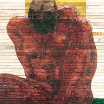 Angelo Petrucci, Figura accovacciata, 2011, smalto e olio su listelli di legno grezzo, 100x100 cm