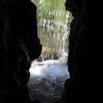 Ausblick durch einen Wasserfall im Luisenpark Mannheim