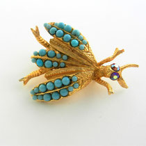 Adorable super chic H. Pomerantz & Co, NY Detailed Gold and glass Turquoise Figural Insect Brooch - AB red eyes - Art.720/4 - SOLD OUT