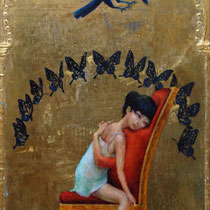 " Peaceful Slumber Wrapped in Your Arms "　Oil painting, tempera and gold on wood panel　30cm×17cm　2010