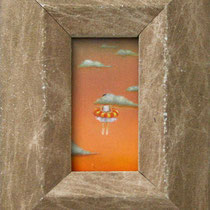 " −夢日記− 空を泳ぐ "　ベニヤ板に白亜地／油絵具　5.7cm×2.7cm　2010