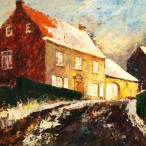 Jan Laeven (1925), olieverf op board, Winter, Achter de kerk te Nuth,