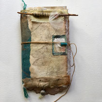 Forest Book, Front : handmade paper, eco prints, hnature dyed fabrics and mixed media.  5x7