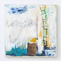 Malerei-Mischtechnik auf Leinwand - 15 x 15 cm - Titel: Haus am Meer mit Leiter -verkauft-