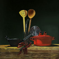 Nishti Ze Die, "the Red Pot", oil on board.