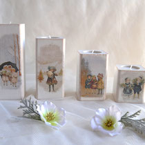 Teelichthalter aus Holz, 4er Set mit nostalgischen Wintermotiven
