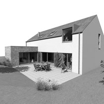 Habitation unifamiliale - Matériaux : Bique gris clair, pierre de grès, et bardage en bois