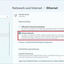 Auf der Seite "Netzwerk und Internet > Ethernet" wählen Sie den Netzwerkprofiltyp "Privates Netzwerk" aus.