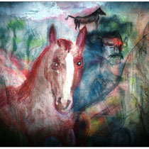 Red Horse:  66" x 54"  Oil, pastel & watercolor on canvas  