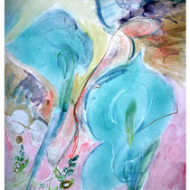 Blue Calla Lilies:  18" x  24"  Watercolor, pastel & metallic pen on paper  $750.00