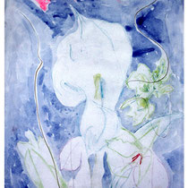 Blue Calla Lily:  18" x 24"  Watercolor, pastel & metallic pen on paper  $750.00